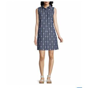 Nautical Knot Print Sleeveless Shirt Dress In Navy Blue Denim Fabric